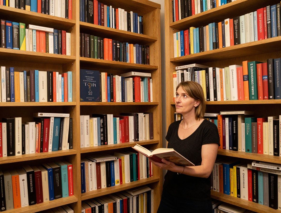 Interiér modernej svetlej knižnice s dlhými policami plnými kníh, veľkými oknami prepúšťajúcimi prirodzené svetlo a zelenými rastlinami medzi policami — symbolizuje centrum vedomostí a prirodzený prístup k wellness